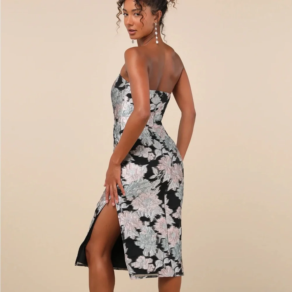 Lulus Upgraded Event Black Jacquard Strapless Bustier Midi Dress - Picture 2 of 5